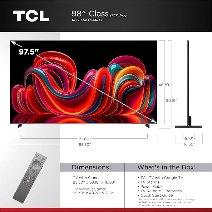 TCL 98 Inch Class QM8L Series | SQD-Mini-LED QLED Smart TV | 98QM8L, 2026 Model | 144Hz | Ultimate Color Brightness & Contrast | Google AI Bang & Olufsen | Voice Control Gaming Streaming Television - Image 2