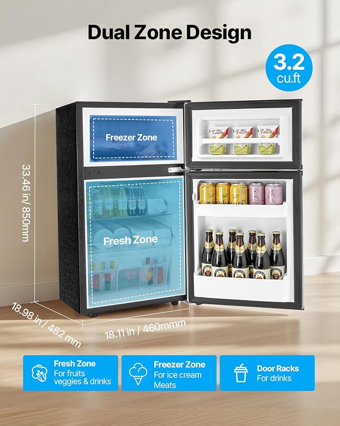 VEVOR Mini Fridge with Freezer, 3.2 Cu.Ft, Dual Zone Compact Refrigerator, 3 Modes Adjustable Temp, Energy Efficient Small Fridge, Reversible Door, Low Noise, for Bedroom, Dorm, Brushed Stainless - Image 2