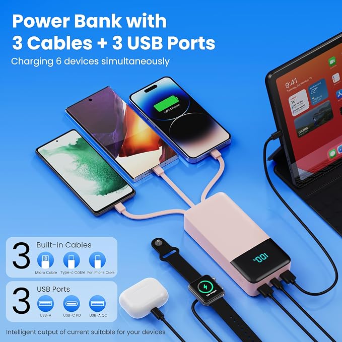 Portable Charger 50800mAh Power Bank with 3 Built in Cables,25W PD QC4.0 Fast Charging USB C Battery Pack,6 Outputs 2 Inputs Travel Essentials Phone Charger for iPhone 17/16/15,Google,Android,Pink - Image 3