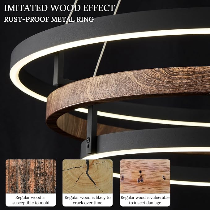 3 Ring LED Chandelier Black Round Chandelier Light Fixture Dimmable Farmhouse - Image 4