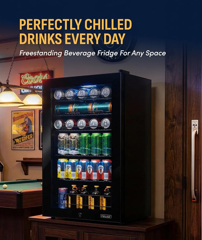 NewAir 126 Can Beverage Refrigerator | Freestanding Small Mini Fridge for Bedroom with Glass Door | Drink Cooler with Adjustable Shelves, Quiet Cooling & Locking Door | Black - Image 2