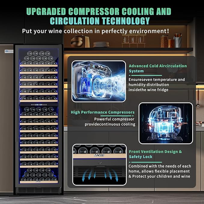 200 Bottle Dual Zone Wine Fridge, 24 Inch Large Wine Cooler Refrigerator Built-In or Freestanding, Tall Wine Cooler with Upgraded Compressor, Temperature Memory, Low Noise and Fast Cooling - Image 3