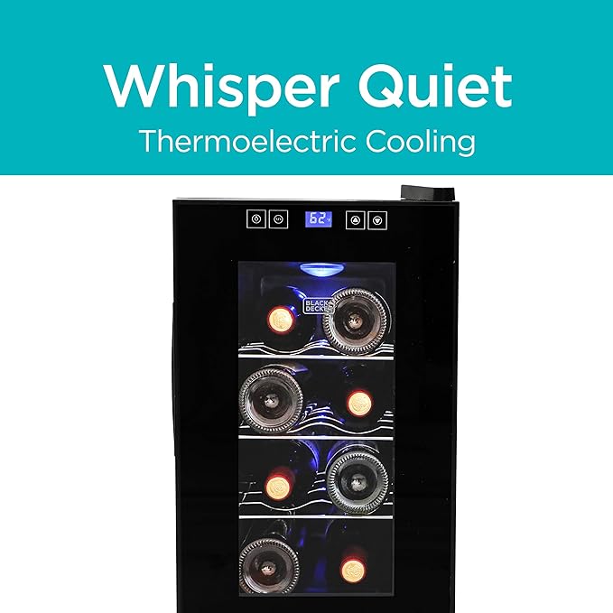 BLACK+DECKER 8-Bottle Thermoelectric Wine Cellar, BD60026, Black | Countertop Mini Fridge with Triple Pane Clear Glass Door, Bar Cabinet with LED Display, Slide-Out Chrome Racks - Image 4