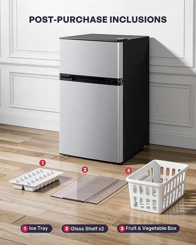 3.2 Cu.Ft Mini Fridge with Freezer, 2 Door Small Refrigerator with Adjustable Thermostat & Removable Glass Shelves, Mini Refrigerator for Dorm Office Kitchen, Silver - Image 6