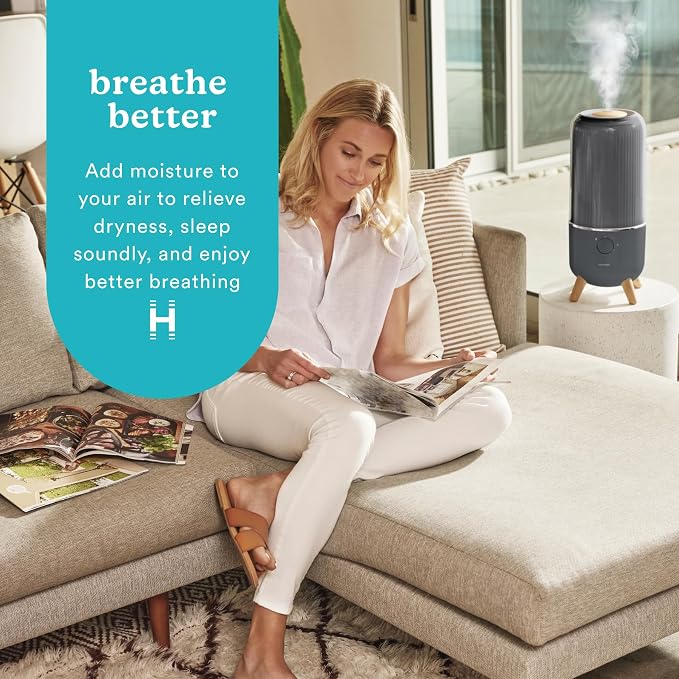 Homedics Ultrasonic Humidifier, Bedrooms and Home Offices, 0.97-Gallon Tank, 45-Hour Runtime, Visible Ultra-Quiet Cool Mist, Aromatherapy, Demineralization Cartridge, Night-Light, Auto-Off, Platinum - Image 2