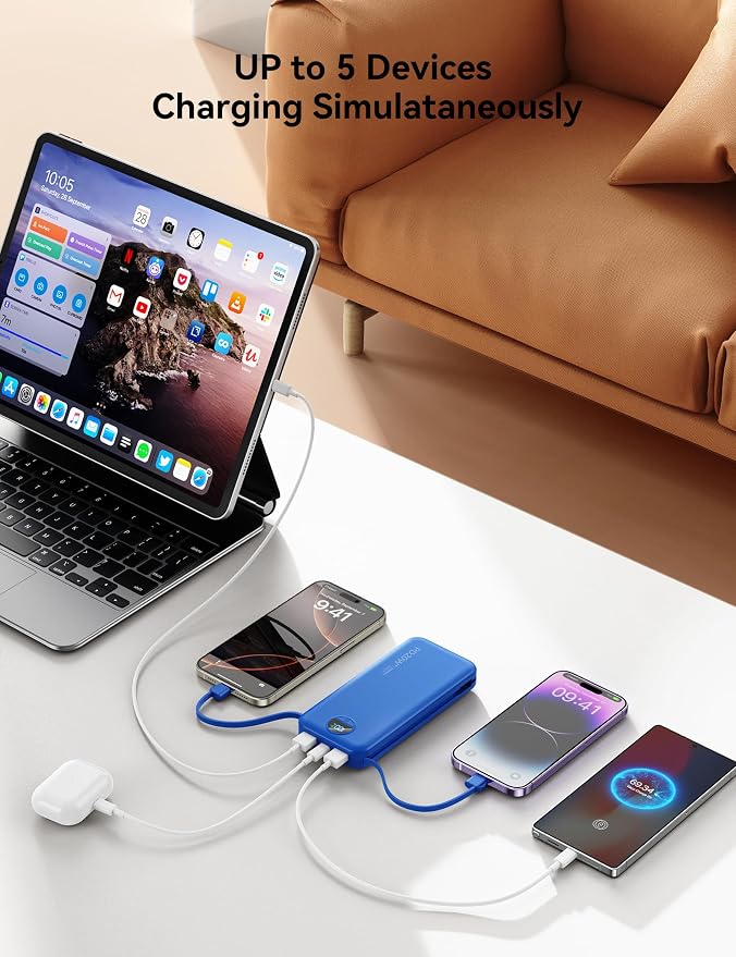 10000mAh Ultra-Portable-Charger-Power-Bank with Built in Cables&AC Wall Plug, PD20W USB-C Fast Charging Cell Phone Charger Battery Pack,LED Display Travel Battery Bank for All iPhone,Samsung,Android - Image 4