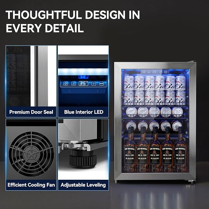 Tehanld 2.5 Cu.Ft Beverage Fridge, Glass Door Mini Fridge, Silver, 96 Can | Adjustable Shelves for Wine & Beer, Digital Temp, Holds Up to 96 Cans, Freestanding for Home & Office - Image 8