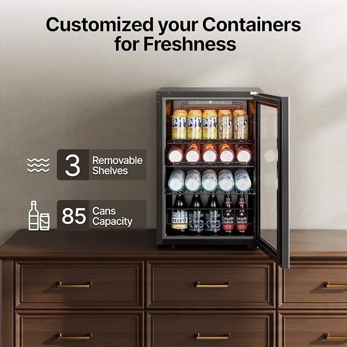 Ca'Lefort 85 Cans Mini Fridge, Beverage Refrigerator Cooler for Drink, Beer | 2.18 Cu.ft, Low-noise, Reversible Glass Door, 3-Color LED Lighting, Adjustable Shelves, 34℉ to 54℉ - Image 5