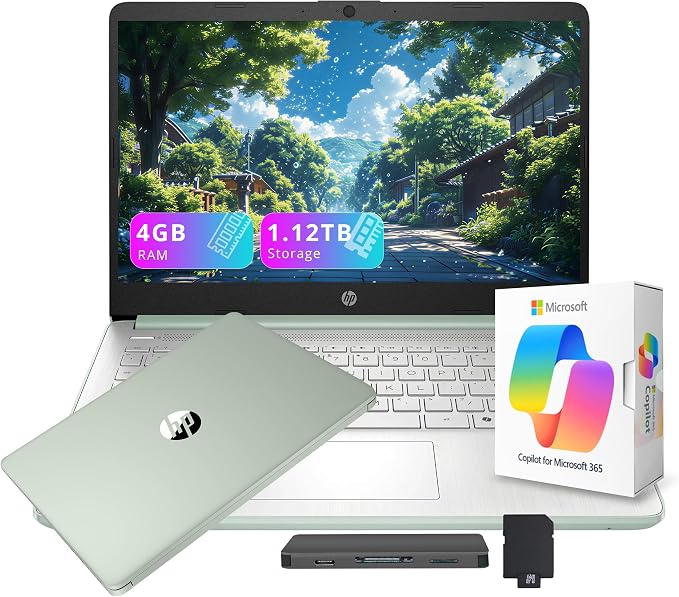 HP Stream 14" HD Laptop with AI Copilot for Student & Business, Intel Processor N150, 4GB RAM, 1.12TB Storage (128GB UFS + 1TB Docking Station), 1 Year Office 365, Wi-Fi 6, Win 11, Willow Green by Unknown