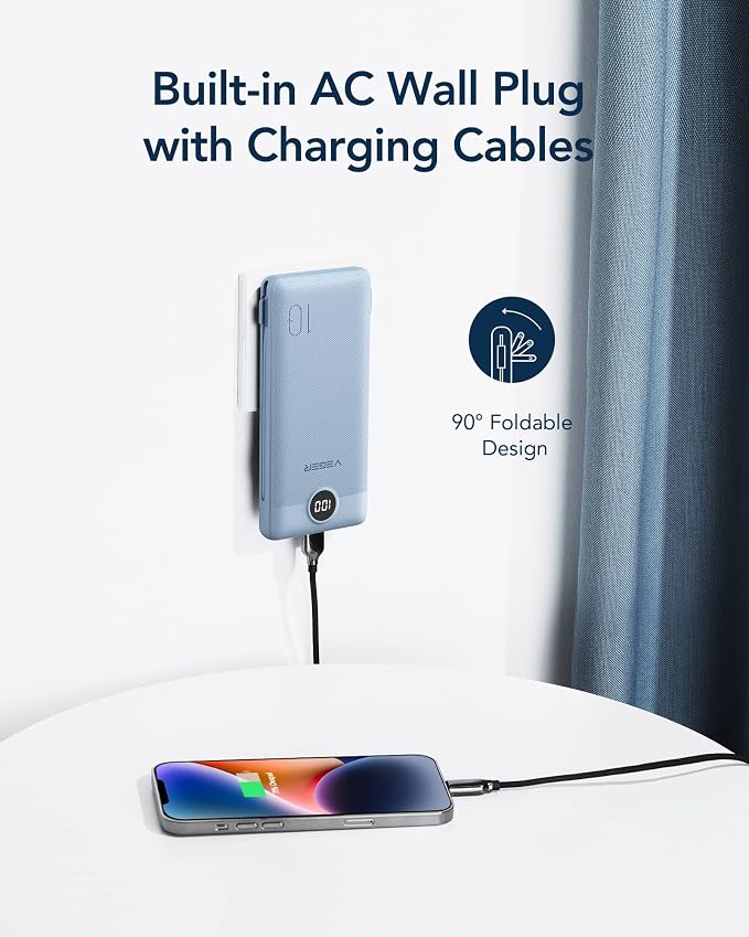VEGER Portable Charger with Built-in AC Plug and Cables, All in One 10000mAh Ultra Slim Power Bank Travel Essentials, Fast Charging Battery Pack Compatible with iPhone, Samsung, Android (Blue) - Image 3