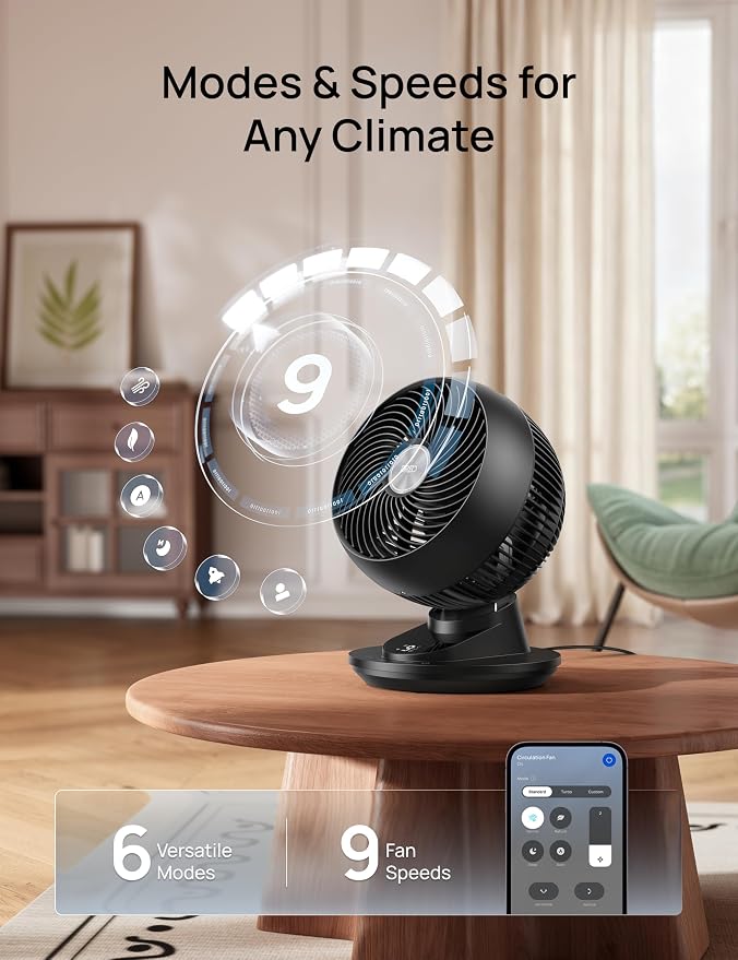 DREO Smart Fan for Bedroom, Powerful 85 ft Airflow, 12 Inches, Desk Fans in 20dB Quiet, 90°+90° oscillating fans, App/Voice Control, 9 Speeds & 8/12H Timer for Home Office Dorm - Image 2