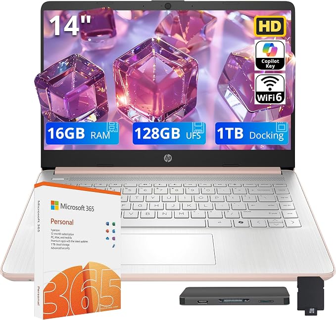 HP Stream 14" HD Student & Business Laptop, Intel Processor N150, 16GB RAM, 1.12TB Storage (128GB UFS + 1TB Docking Station), Intel Graphics, 1 Year Office 365, Wi-Fi 6, Win 11, Pale Rose Gold by Unknown