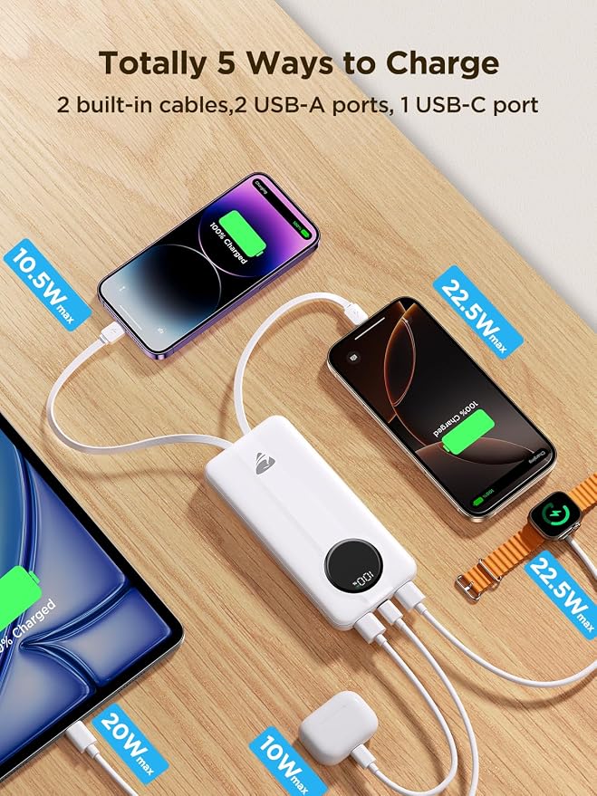 Aioneus Power Bank, 10000mAh Portable Charger with Built in Cables Fast Charging 22.5W USBC in/Out Travel PowerBank Battery Pack for iPhone 16 15 14 13 12 Samsung Galaxy S24 A15 Android Phone(1 Pack) - Image 4