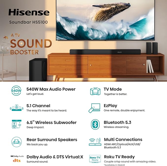 Hisense HS5100 5.1ch Soundbar with Wireless Subwoofer, Dolby Audio, DTS Virtual:X, Rear Surround Speakers, Center Speaker, HDMI ARC, Bluetooth 5.3, Remote Control - Image 3