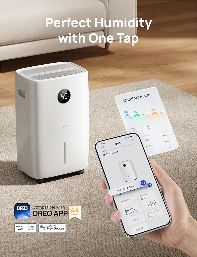 DREO 110-Pint Smart Dehumidifier for Basement, 4500 Ft² for Large Room, 2 Gallon Water Tank, Auto/Comfort/Constant Mode Dehumidifiers for Home, Bedroom, Bathroom, with Drain Hose, White, 711S - Image 6