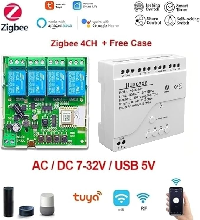 Zigbee 4CH DC7-32V USB 5V Relay Smart Switch Module, Wireless APP Remote Control - Image 2