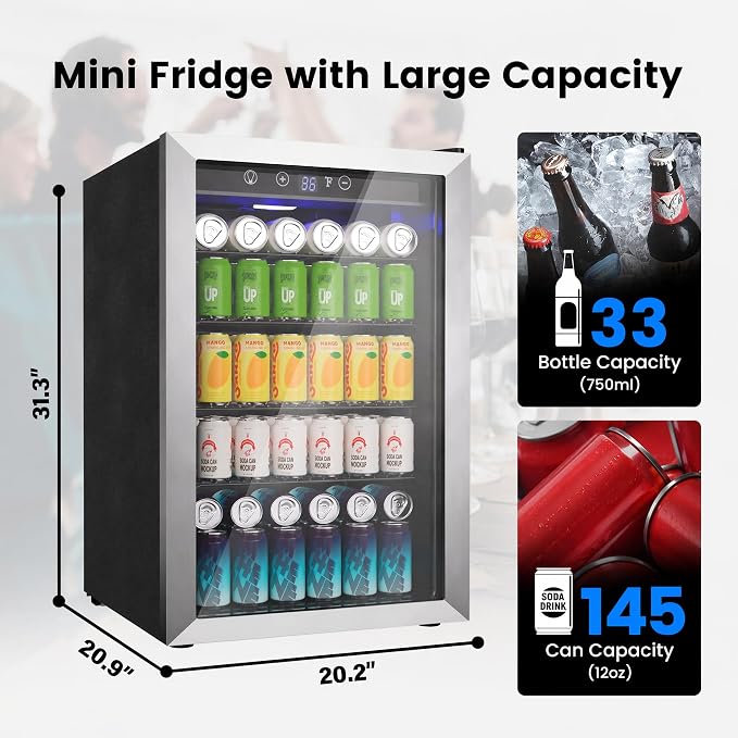 Feelfunn 4.5 Cu.Ft Beverage Refrigerator Cooler - 145 Can Mini Fridge Glass Door for Soda Beer Wine, Small Refrigerator for Bedroom Office Home Bar, 4 Adjustable Shelves, Silver - Image 2