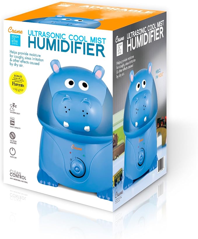 Crane Animal Humidifier for Kids Bedroom, 1 Gal. Cool Mist Humidifier with Adjustable Settings, Optional Filter, Auto Shut-Off, Hippo - Image 4