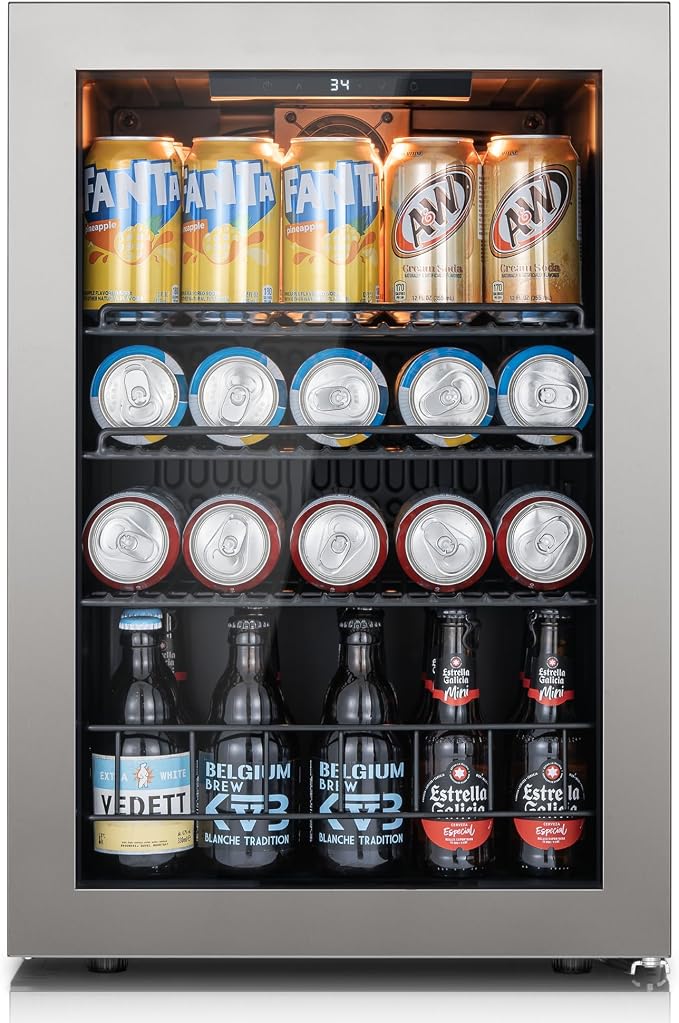 Ca'Lefort 85 Cans Mini Fridge, Beverage Refrigerator Cooler for Drink, Beer | 2.18 Cu.ft, Low-noise, Reversible Glass Door, 3-Color LED Lighting, Adjustable Shelves, 34℉ to 54℉ by CaLefort