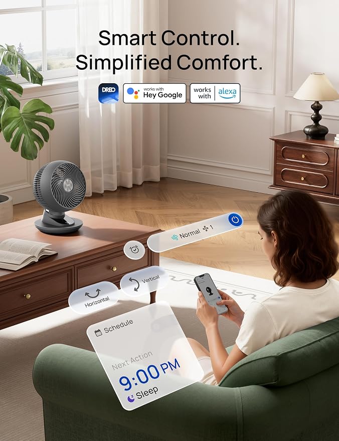 DREO Smart Fan for Bedroom, Powerful 85 ft Airflow, 12 Inches, Desk Fans in 20dB Quiet, 90°+90° oscillating fans, App/Voice Control, 9 Speeds & 8/12H Timer for Home Office Dorm - Image 7