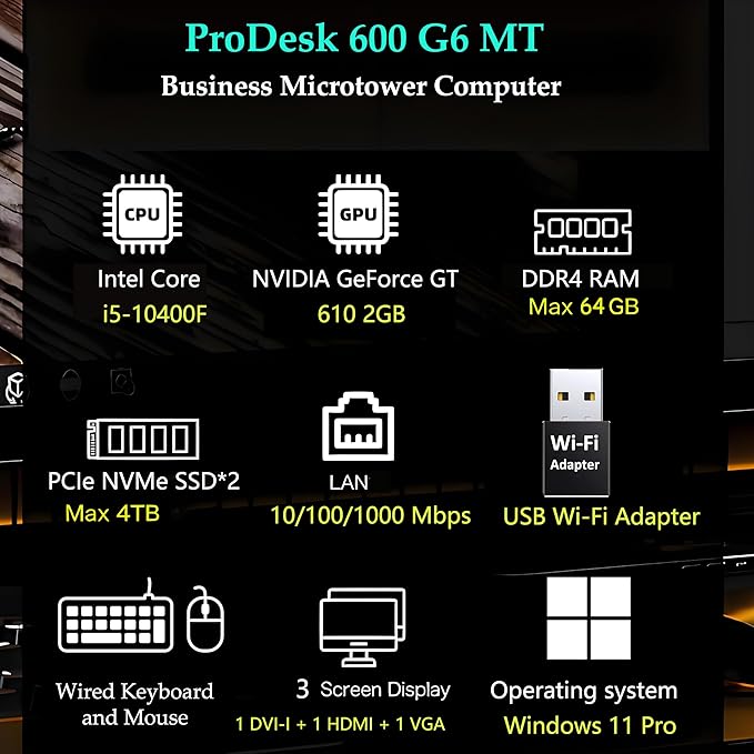 HP Desktop Computer Tower PC, Intel i5-10400F, 16GB DDR4, 512GB PCIe SSD | WiFi Adapter, Keyboard & Mouse Included, Slience Design for Home use& Student Daily Study, Windows 11 Pro, Jet Black - Image 2