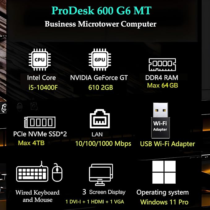 HP ProDesk 600 Desktop Computer, i5-10400F, 16GB RAM, 1TB SSD, GT 610 | Ideal for Office Work, Web Browsing, Remote work, and Everyday Multitasking; WiFi Adapter, Compact Design with Win 11 Pro - Image 2