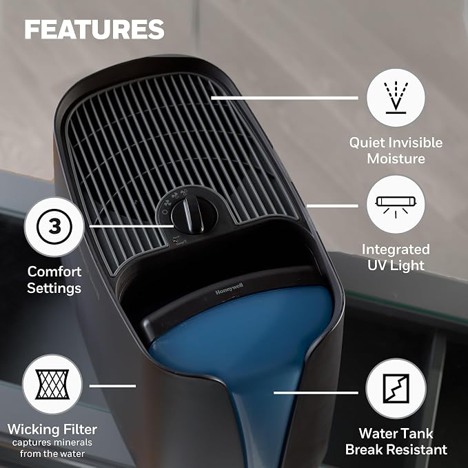 Honeywell Cool Moisture Humidifier For Bedroom, Medium Rooms, 1.1 Gallon, Invisible Moisture Humidifier for Baby, Kids, Quiet, Easy to Clean, UV Technology, Black, HCM350B - Image 8