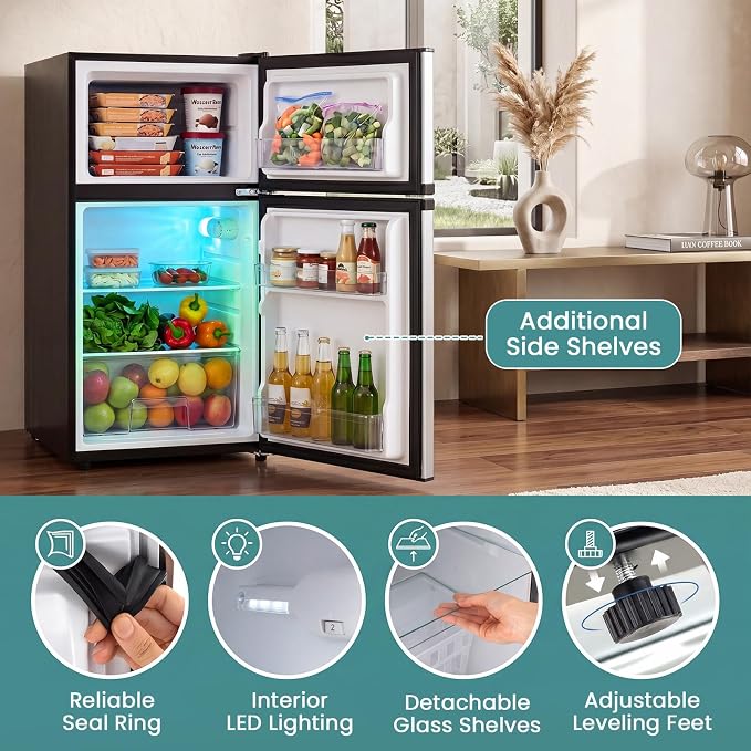 3.2 Cu.Ft Mini Fridge with Freezer, Quiet Small Refrigerator | Double Door, Adjustable Thermostat and Removable Glass Shelves, For Office, Bedroom, Dorm and Apartment - Image 8