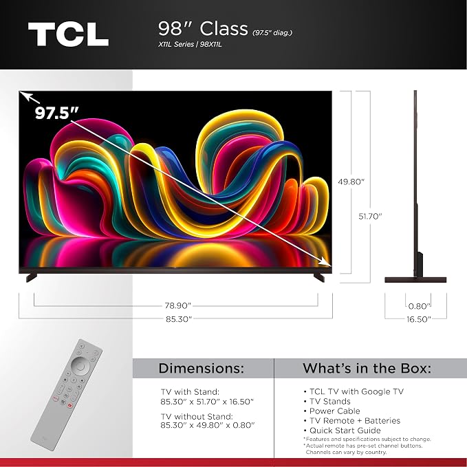TCL 98 Inch Class X11L | SQD-Mini LED | 98X11L, 2026 Model | 144HZ Ultimate Brightness & Contrast Dolby Vision | Up to LD20K Precise Dimming | Gemini AI Smart Google TV | Dolby Atmos Bang & Olufsen - Image 2