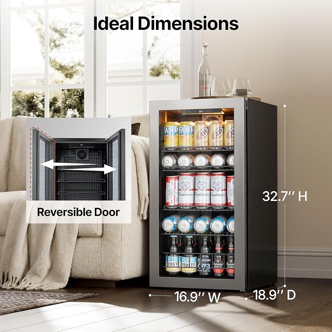 Ca'Lefort 105 Cans Mini Fridge, Beverage Refrigerator Cooler for Drink/Beer | 3.1 Cu.ft, Low-noise, Reversible Glass Door, 3-Color LED Lighting, Adjustable Shelves, 34℉ to 54℉ - Image 6
