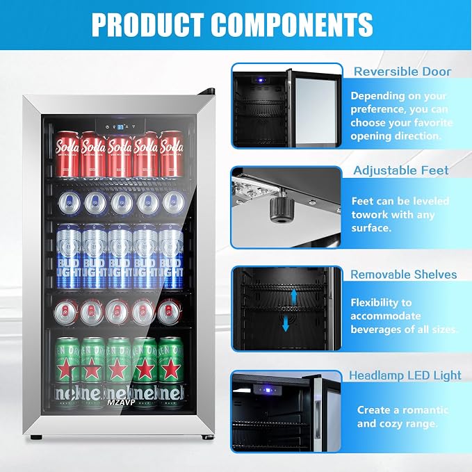 Beverage Refrigerator Cooler, 120 Can Mini Beverage Fridge with Reversible Glass Door for Soda Beer, 3 Cu.Ft Drink Fridge with Digital Temperature Control & Adjustable Shelves - Silver - Image 6