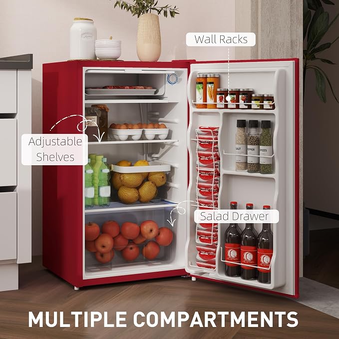 HOMCOM 3.2 Cu.Ft Mini Fridge with Freezer Single Reversible Door Red | Compact Refrigerator, Adjustable Thermostat, Shelf, for Bedroom Dorm Home Office, Energy Efficient - Image 5
