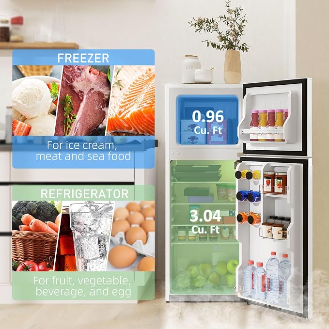 HOMCOM 4 Cu.Ft Mini Fridge with Freezer Double Reversible White | Compact Refrigerator, Adjustable Thermostat, Shelf, for Bedroom Dorm Home Office, Energy Efficient - Image 3