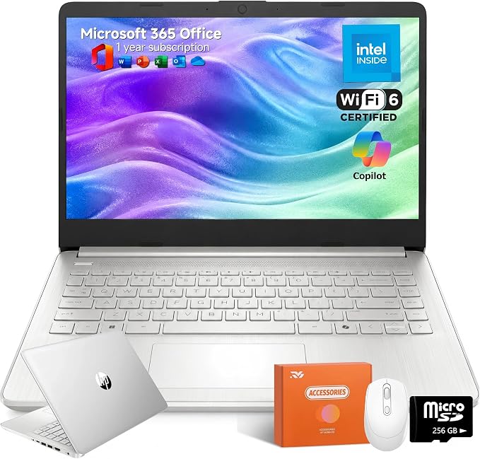 HP 14 Laptop for Students and Home Use, Intel Processor N150, 16GB RAM | 128GB UFS+256GB MSD, 14" HD Display, Wi-Fi 6, 1-Year Microsoft 365, Copilot AI Key, Lightweight, Natural Silver, W/Mouse by HP