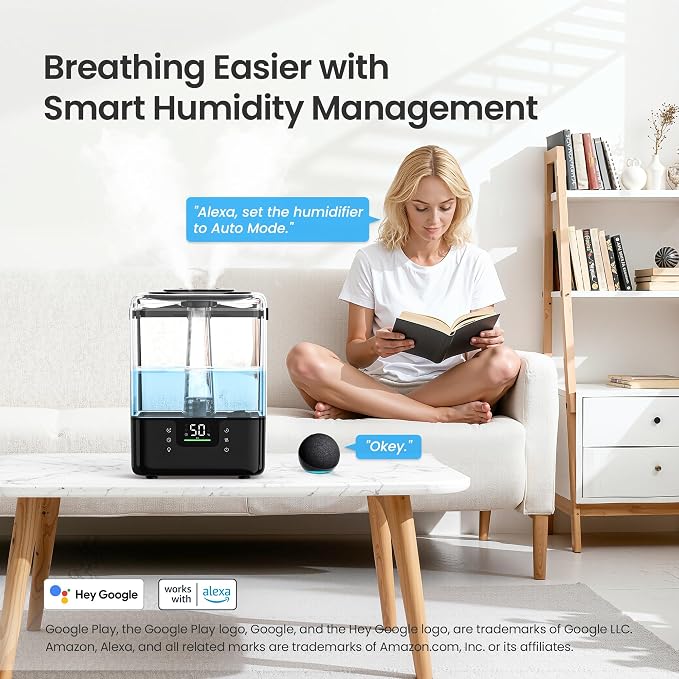 Smart Humidifiers for Bedroom Home, 6L Cool Mist Top Fill Humidifier Large Room with Essential Oil Diffuser, Touch/APP/Voice Control, NightLight Humidifiers for Nursery & Plants (Black, 1Pack) - Image 7