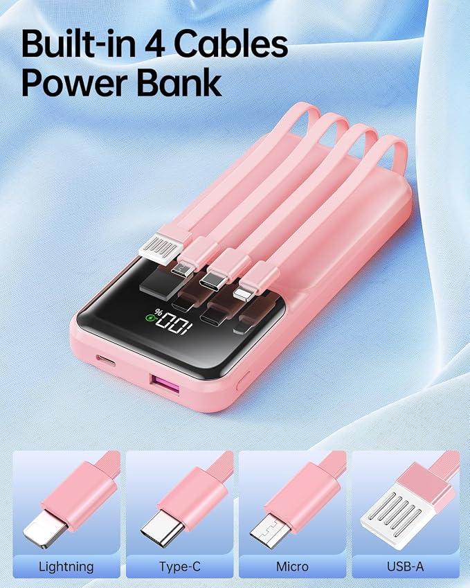 RONEGN Portable Charger with Built in Cable - Power Bank Fast Charging USB C LED Display 10000mah Battery Pack 5 Outputs & 3 Inputs for Travel Essentials iPhone Samsung Android Phones Tablets Pink - Image 2