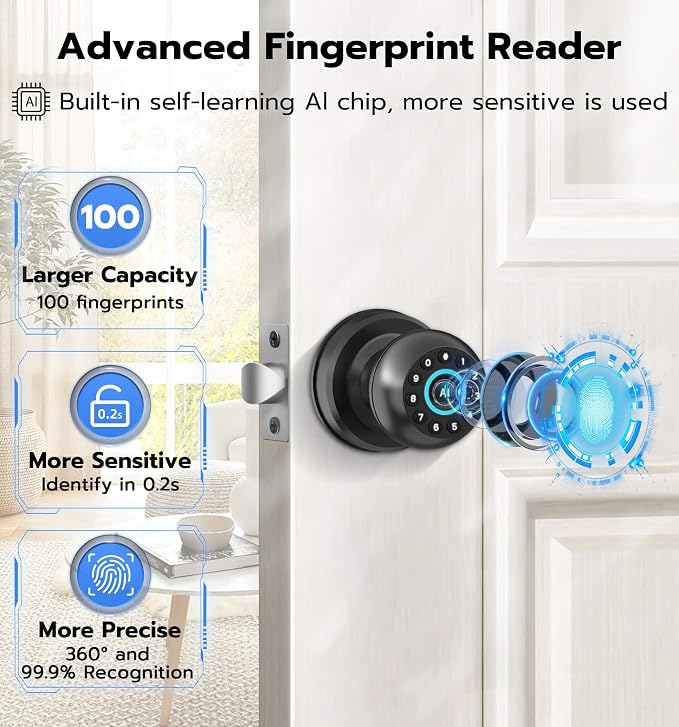 Anweller Smart Door Knob with Lock, Fingerprint Code Keypad Keyless Entry - Image 3