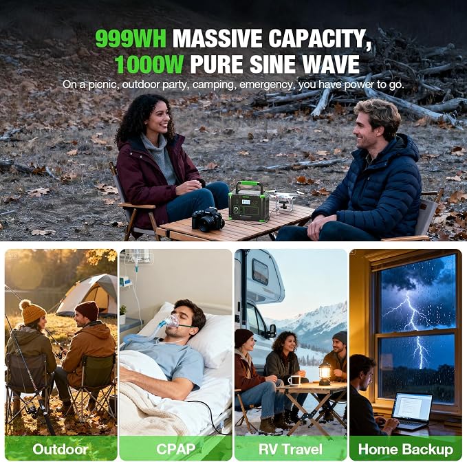 Portable Power Station 1000W (Peak 2000W), 999Wh Solar Generator, 110V Pure Sine Wave AC Outlet with PD 60W USB-C Fast Charging, Outdoor Camping RV Van Home Backup Off-Grid Living - Image 3