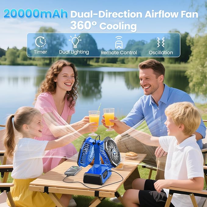 Dual Head Portable Rechargeable Fan 20000mAh Battery Powered Camping Fan Cordless with LED Lantern & Remote, Auto Oscillation, Hook, Battery Operated for Tent Office Travel Picnic Jobsite Orange - Image 2