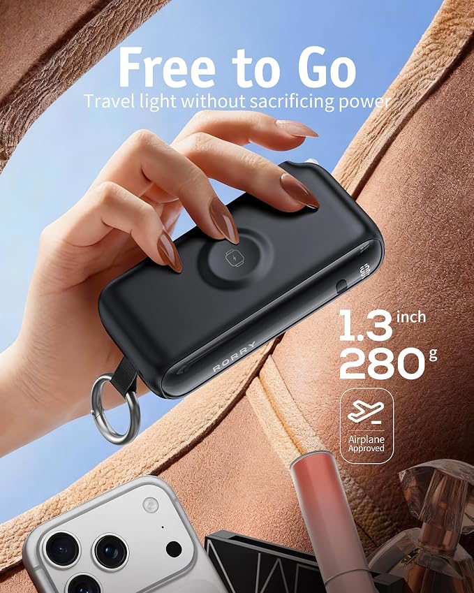 RORRY Flow Portable Charger, 10000mAh 40W Fast Charging Power Bank with Built-in USB C Cable and Foldable Wall Plug, Battery Pack Travel Essentials for iPhone 17/16/15, Apple Watch, iPad, MacBook - Image 3