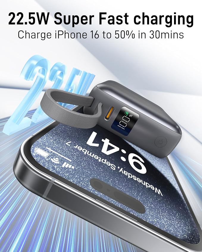 VINKO Small Portable Charger, 22.5W Fast Charging Mini Power Bank 10000mAh with Built-in Cables, Travel Essential USB-C Battery Pack Compatible with iPhone 17/16/15, Samsung S25/24, Android (Gray) - Image 3