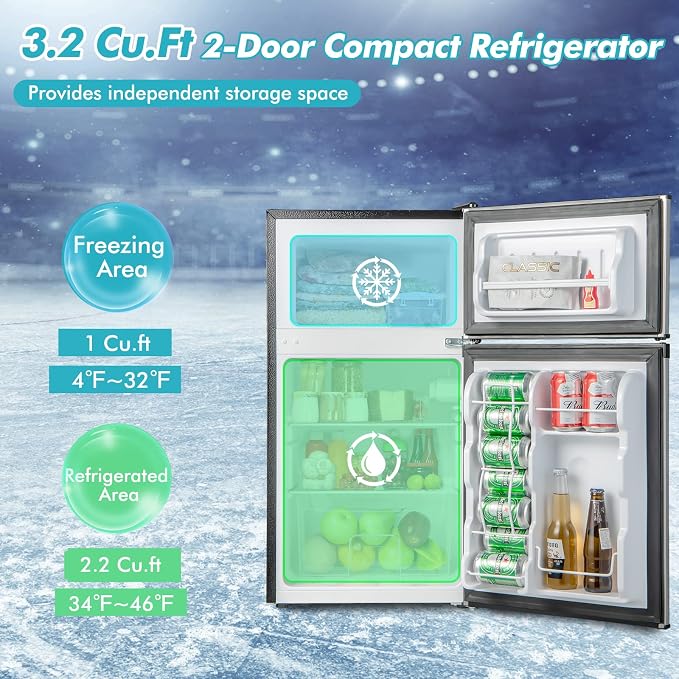 COSTWAY 3.2 Cu.Ft. Mini Fridge with Freezer, 2 Door for Office Bedroom Dorm | Compact Small Refrigerator with Reversible 2 Door, Adjustable Thermostat, Removable Glass Shelves for Food & Drink, Silver - Image 3