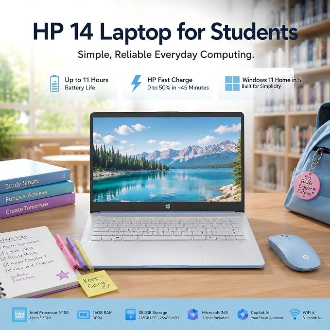 HP 14 Laptop for Students and Home Use, Intel Processor N150, 16GB RAM | 128GB UFS+256GB MSD, 14" HD Display, Wi-Fi 6, 1-Year Microsoft 365, Copilot AI Key, Lightweight, Sky Blue, W/Mouse - Image 2