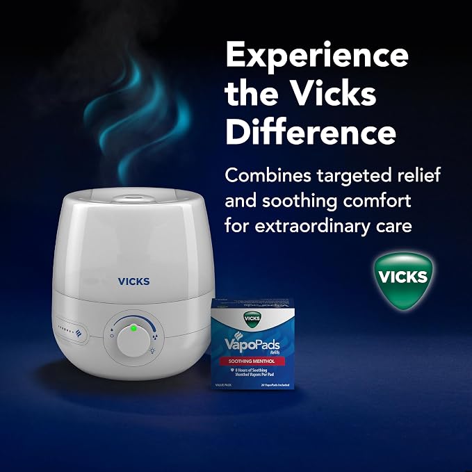 Vicks NaturalCare Cool Mist Ultrasonic Humidifier, Small Room Humidifier for Bedroom, Diffuser with Nighttime Light, Works with Vicks VapoPads, White - Image 9