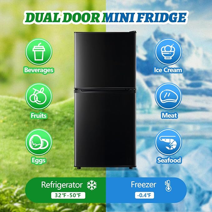 DEMULELR 3.9Cu.ft Small Refrigerator with Freezer Two Door Fridge with Crisper Drawer & Extra Drink Space, LED Light, Small Fridge for Dorm Office Home 17.5"D x 17.7"W x 40"H，Black - Image 4