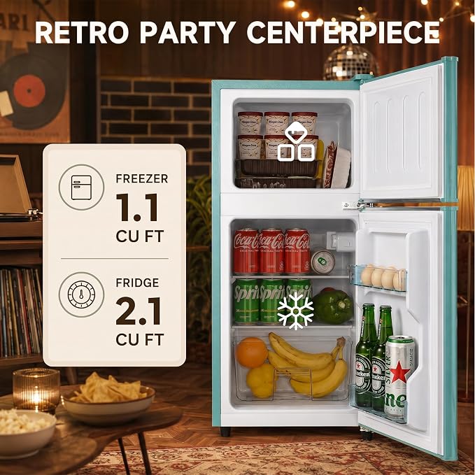 Anypro 3.2 Cu.Ft Fridge with Freezer with 2 Doors, Refrigerator with 7 Level Temperatures, LED Light, Adjustable Shelves, Food Storage Cooling Drink for Bedroom, Office, Dorm, Apartment, Green - Image 4