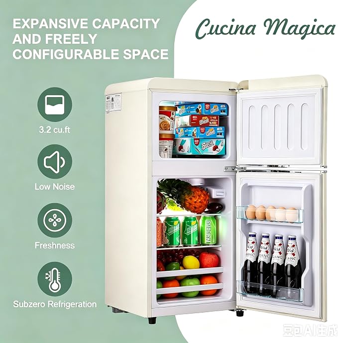 Mini Fridge with Freezer, 3.2 Cu.Ft Retro Double Door Refrigerator with 7 Level Thermostat, Adjustable Removable Glass Shelves for Bedroom Office Apartment Dorm Bar (CREAM, 3.2 Cu.Ft.) - Image 2
