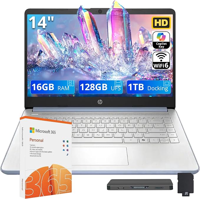 HP Stream 14" HD Student & Business Laptop, Intel Processor N150, 16GB RAM, 1.12TB Storage (128GB UFS + 1TB Docking Station), Intel Graphics, 1 Year Office 365, Wi-Fi 6, Win 11, Sky Blue by Unknown