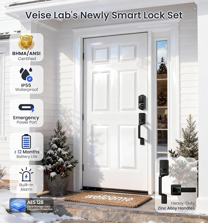 Veise VE017-D Smart Fingerprint Front Door Lock Set, App Control, 8-in-1 - Image 5