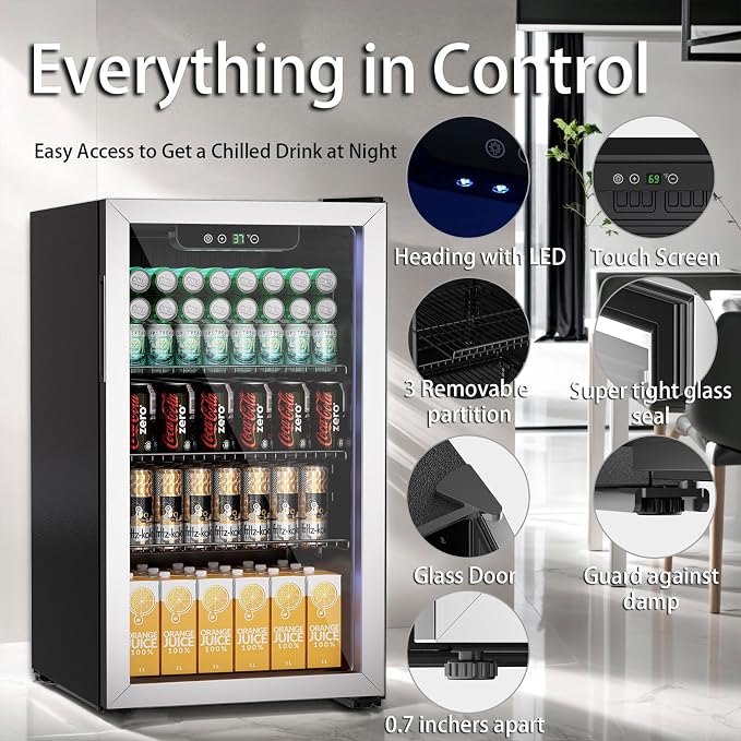 Erivess Mini Fridge 105Can Beverage Refrigerator Cooler Glass Door for Soda | 3.0 Cu Ft Drink Fridge for Home/Bar/Office with LED Display, Digital Temperature Control, Removable Shelves for Wine, Silver - Image 2